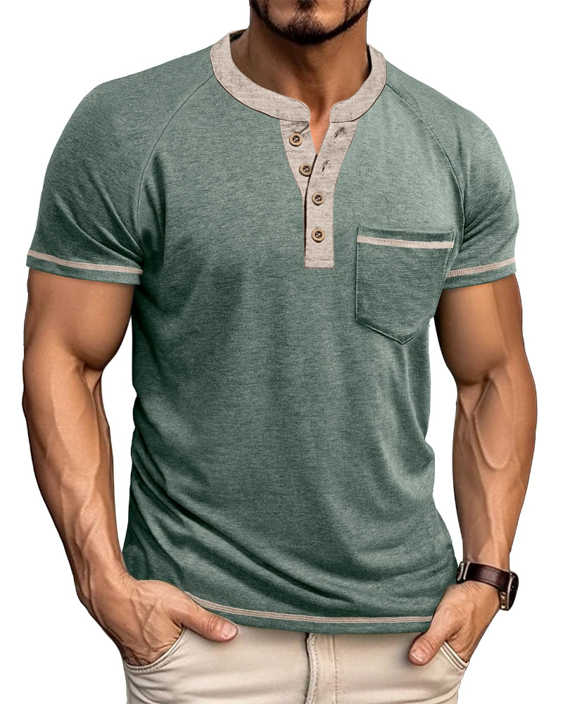 Chase Men's Grandad Collar T-Shirt – Colour Block Henley Short Sleeve Pocket Top
