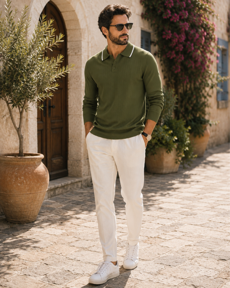 Rylan Men's Polo Neck Jumper – Long Sleeve Textured Knit Quarter Button Sweater