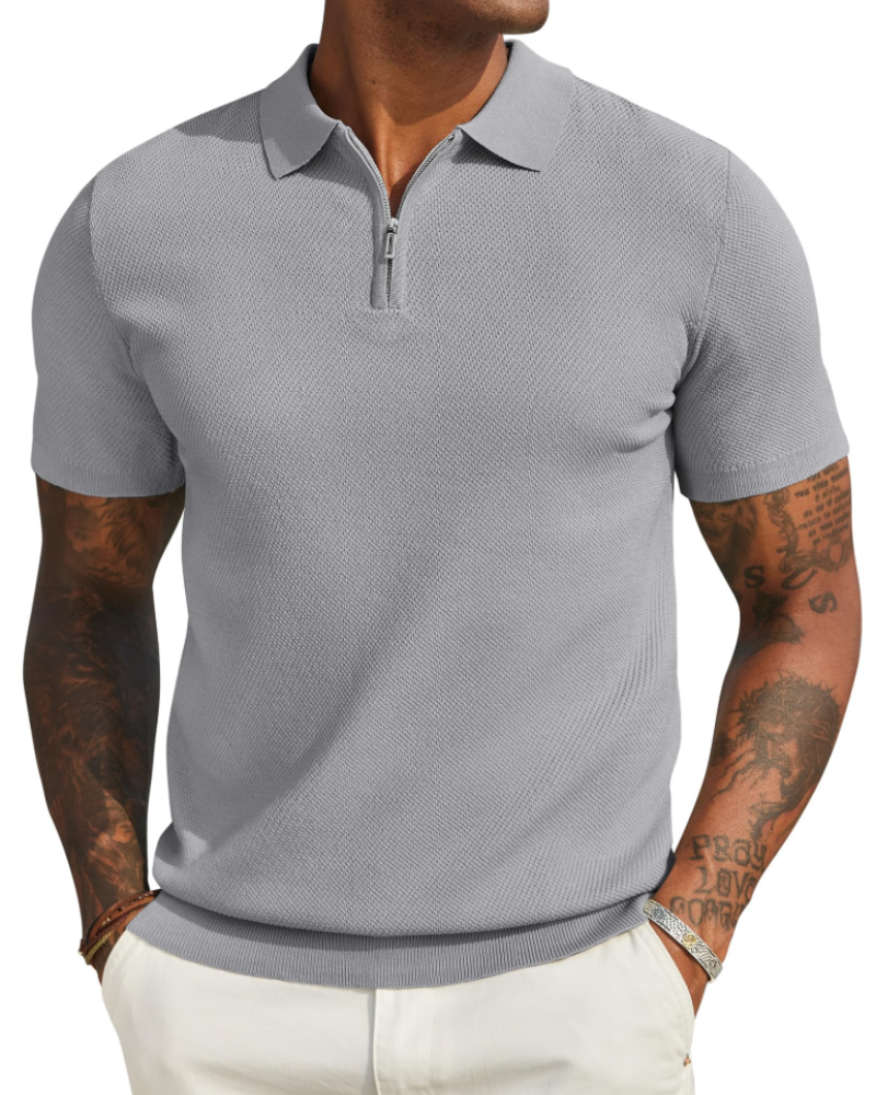 Spencer Men's Knitted Polo Shirt – Short Sleeve Quarter Zip Collared Knit Top