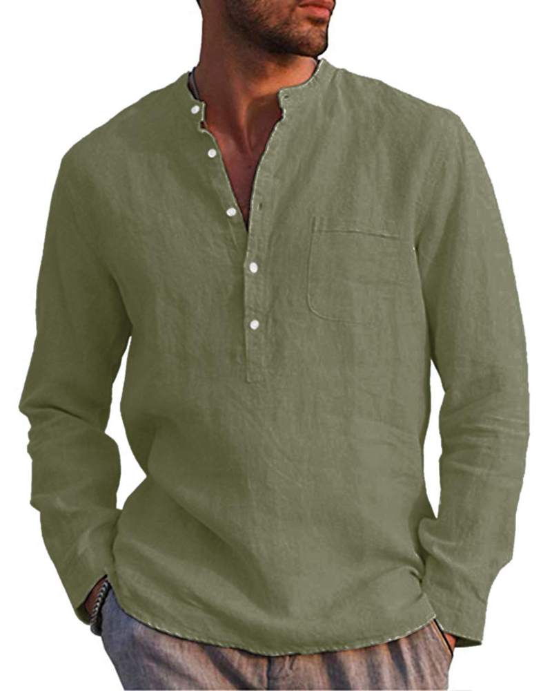 Colby Men's Linen Blend Henley Shirt – 5-Button Collarless Long Sleeve Casual Top