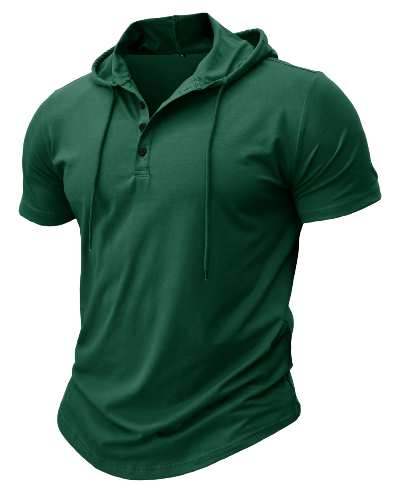 Dawson Men's Short Sleeve Hooded T-Shirt – Cotton Blend Button Neck Casual Hoodie
