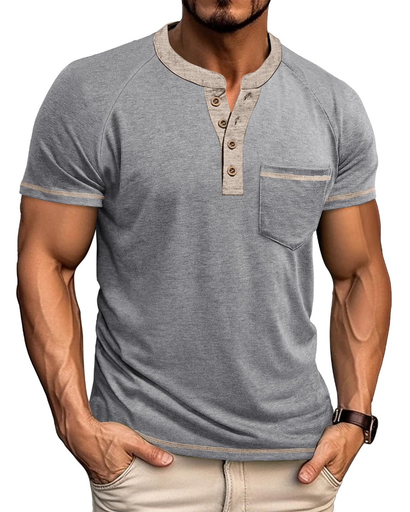 Chase Men's Grandad Collar T-Shirt – Colour Block Henley Short Sleeve Pocket Top