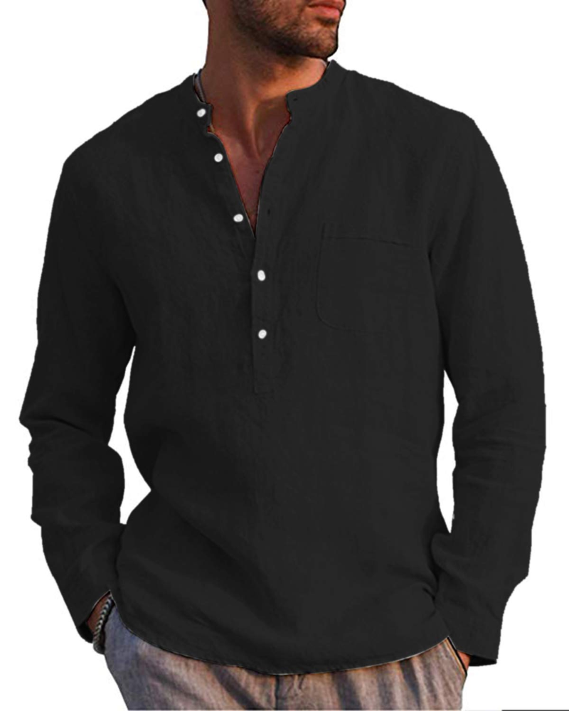 Colby Men's Linen Blend Henley Shirt – 5-Button Collarless Long Sleeve Casual Top
