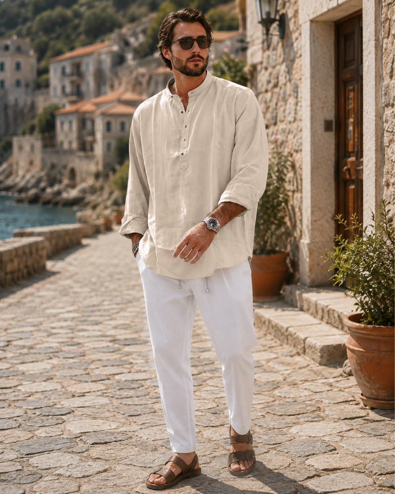 Tristan Men's Cotton Linen Henley Shirt – Long Sleeve 4-Button Casual Collarless Top