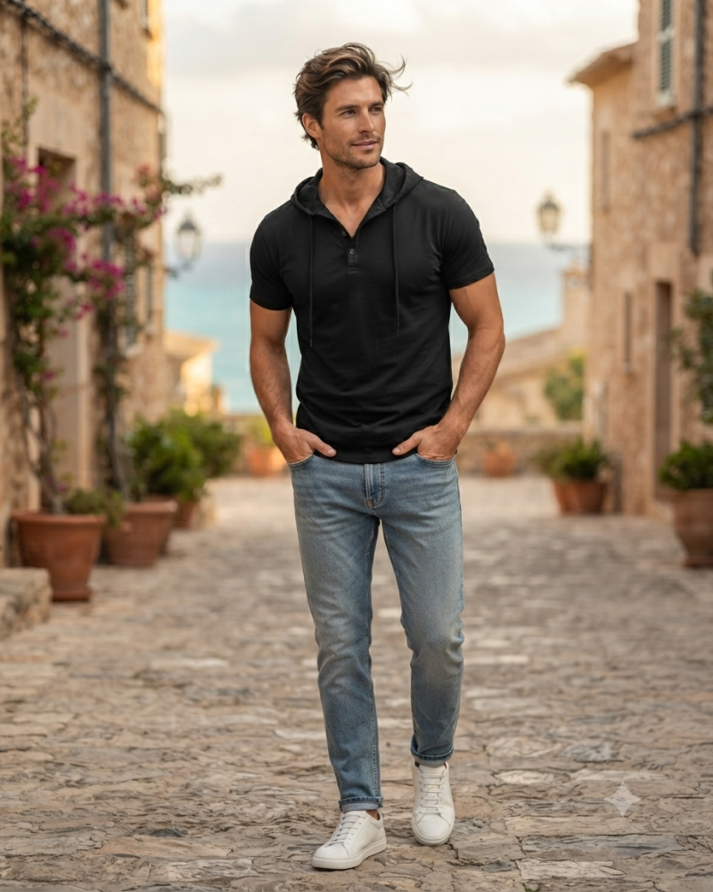Dawson Men's Short Sleeve Hooded T-Shirt – Cotton Blend Button Neck Casual Hoodie