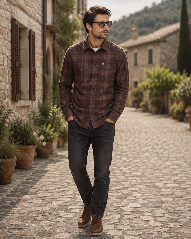 Ronan Men's Organic Cotton Flannel Shirt – Long Sleeve Button-Up Checked Overshirt
