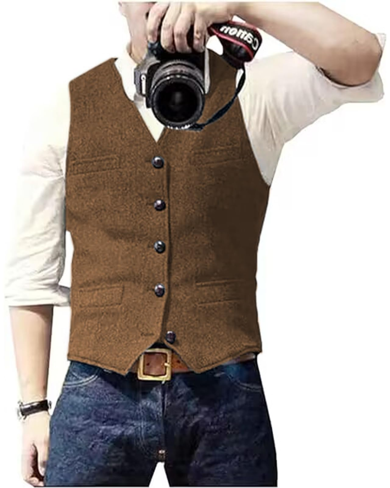 Elliot Men's Herringbone Tweed Waistcoat – Regular Fit V-Neck Formal Vest