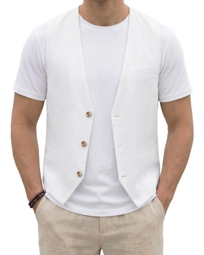 Hugo Men's Cotton Linen Waistcoat – V-Neck Three Button Formal Vest