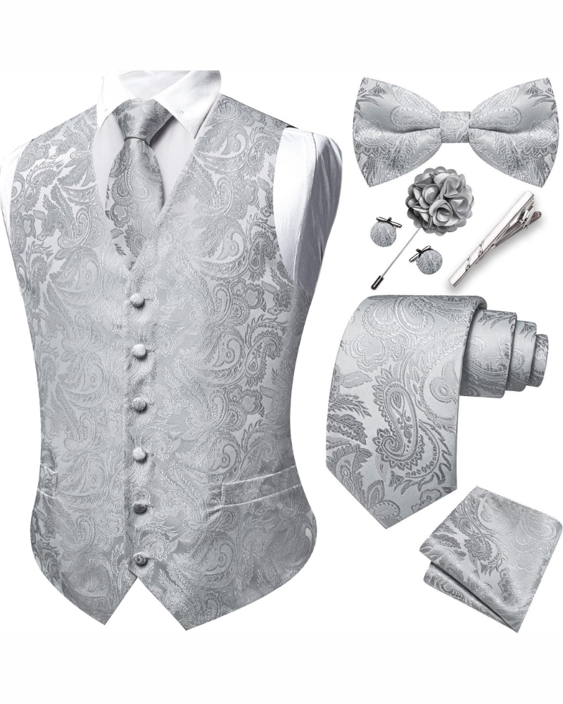 Wesley Men's Paisley Waistcoat Set – 7 Piece Silk Blend Formal Vest Set