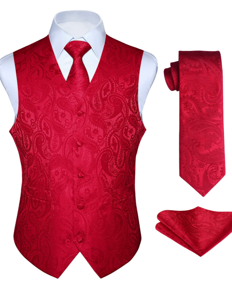 Dominic Men's Paisley Waistcoat Set – 3 Piece V-Neck Formal Vest with Tie & Pocket Square