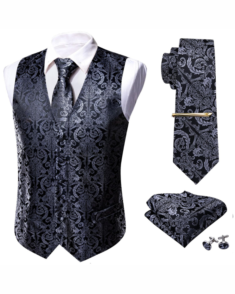 Harrison Men's Paisley Waistcoat Set – 5 Piece Formal Vest with Tie & Pocket Square