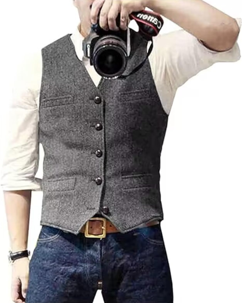 Elliot Men's Herringbone Tweed Waistcoat – Regular Fit V-Neck Formal Vest