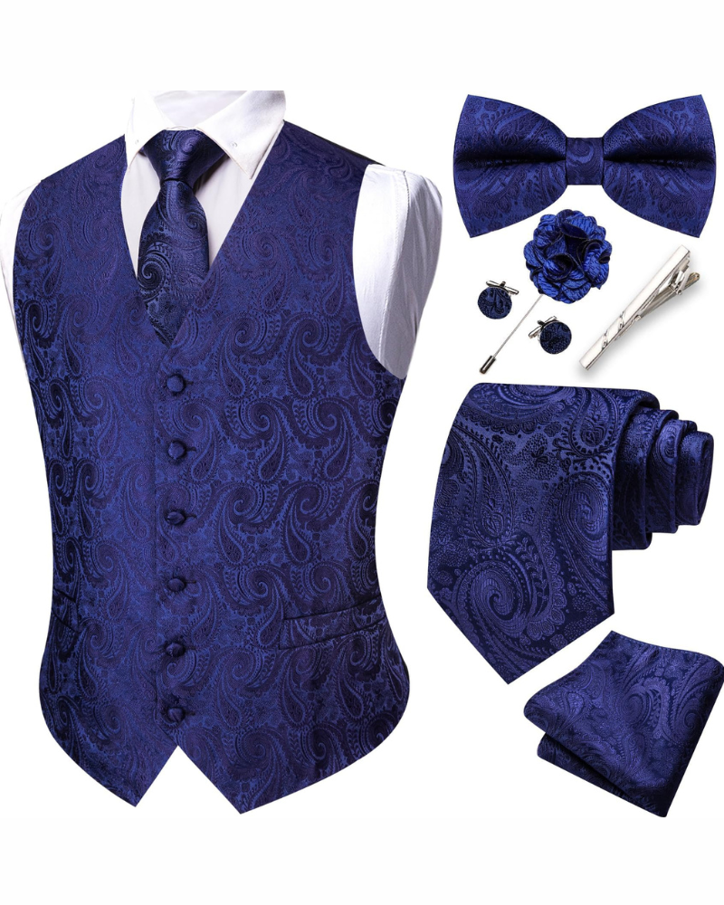 Wesley Men's Paisley Waistcoat Set – 7 Piece Silk Blend Formal Vest Set