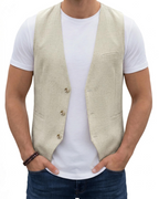 Hugo Men's Cotton Linen Waistcoat – V-Neck Three Button Formal Vest