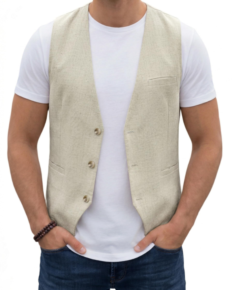 Hugo Men's Cotton Linen Waistcoat – V-Neck Three Button Formal Vest