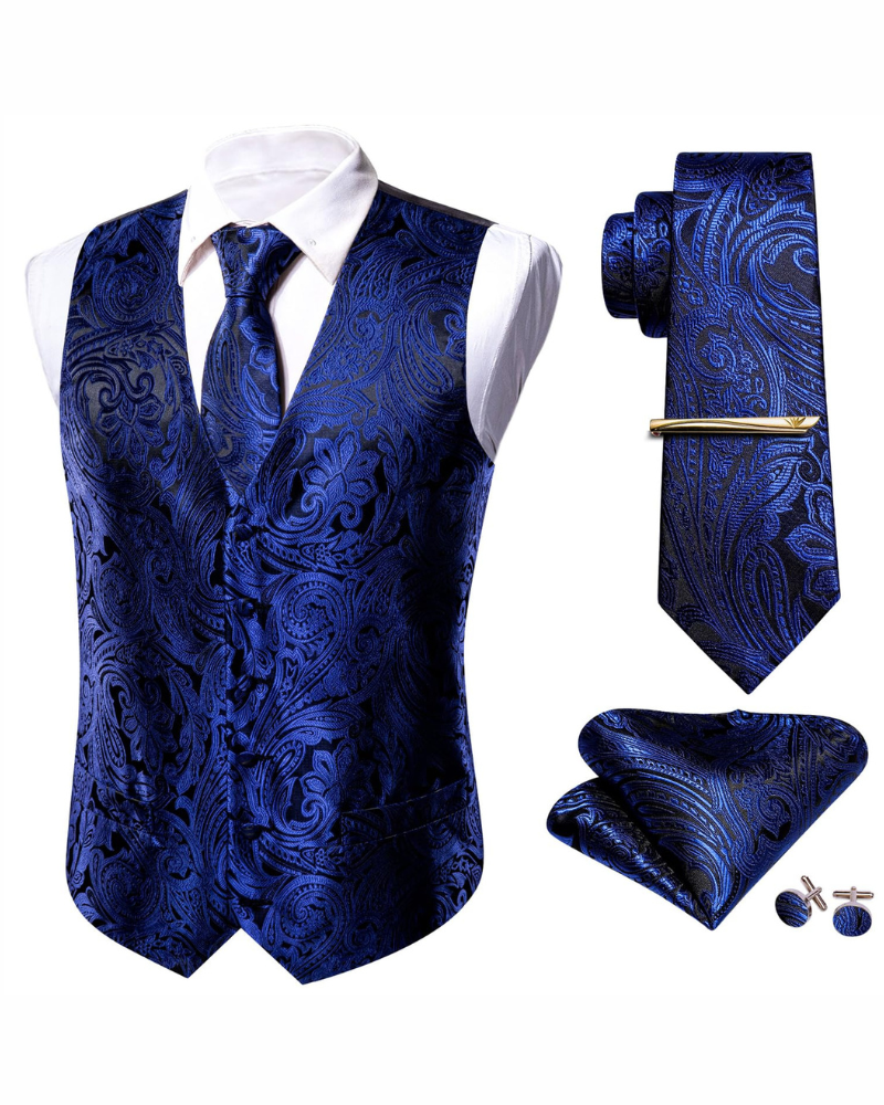 Harrison Men's Paisley Waistcoat Set – 5 Piece Formal Vest with Tie & Pocket Square