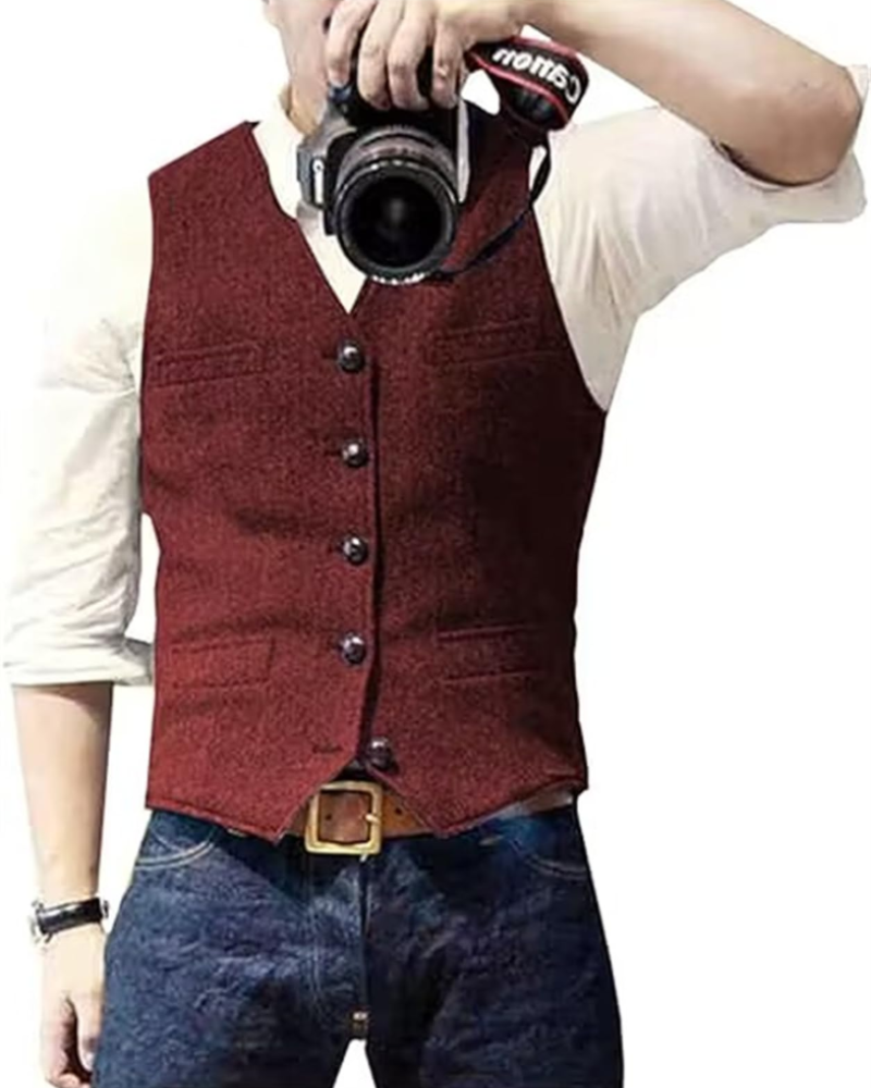 Elliot Men's Herringbone Tweed Waistcoat – Regular Fit V-Neck Formal Vest