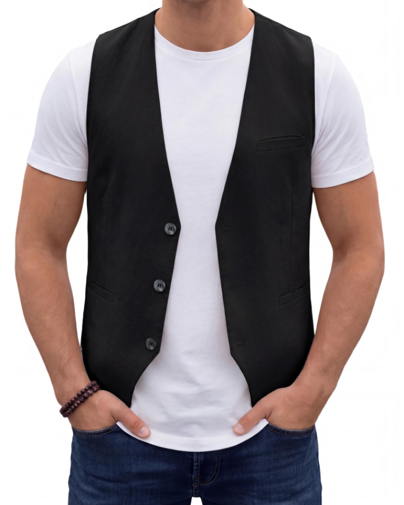 Hugo Men's Cotton Linen Waistcoat – V-Neck Three Button Formal Vest