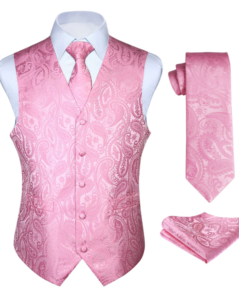 Dominic Men's Paisley Waistcoat Set – 3 Piece V-Neck Formal Vest with Tie & Pocket Square