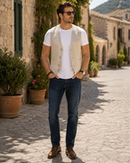 Hugo Men's Cotton Linen Waistcoat – V-Neck Three Button Formal Vest