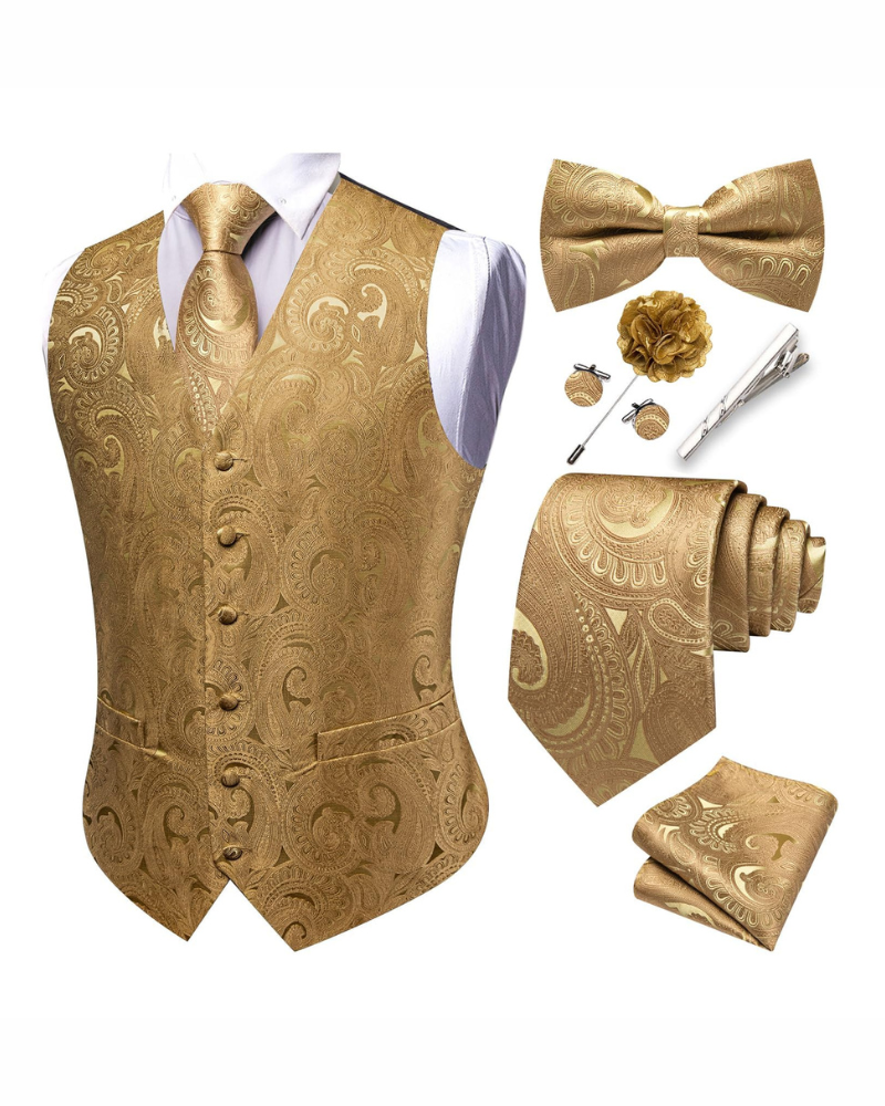 Wesley Men's Paisley Waistcoat Set – 7 Piece Silk Blend Formal Vest Set