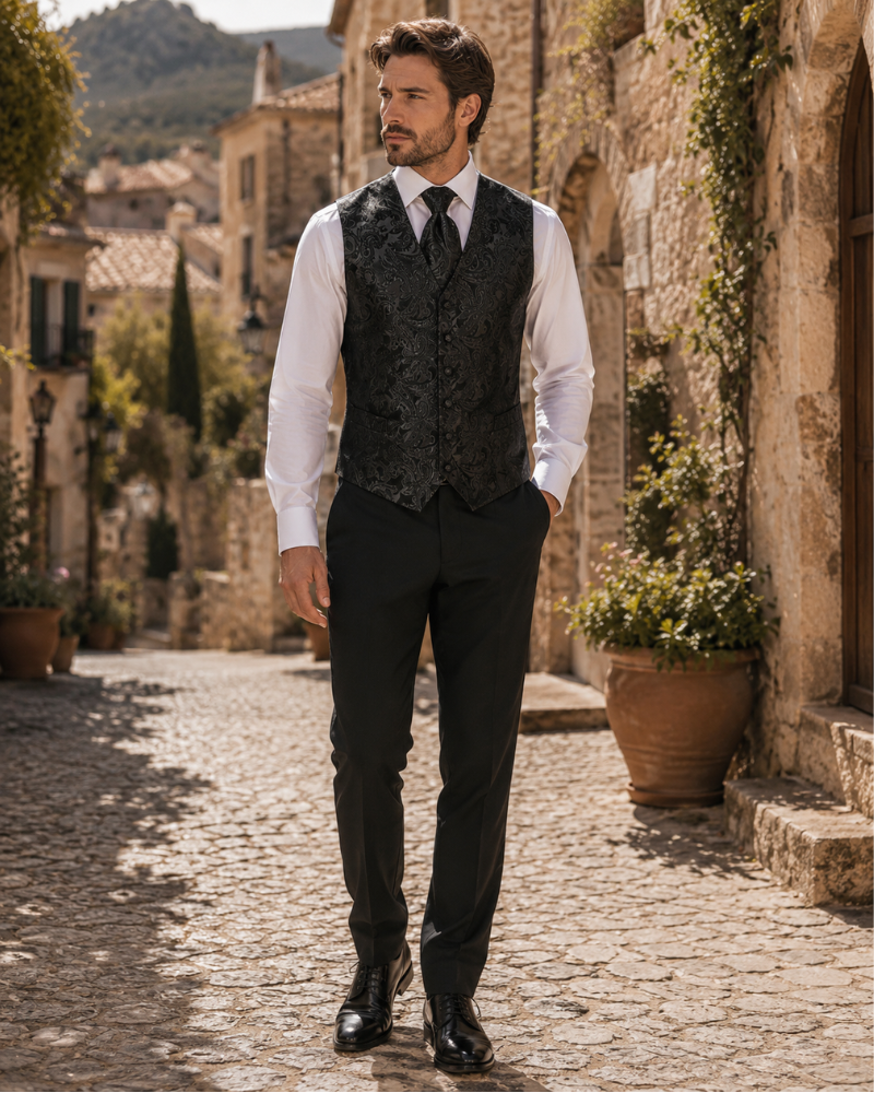 Wesley Men's Paisley Waistcoat Set – 7 Piece Silk Blend Formal Vest Set