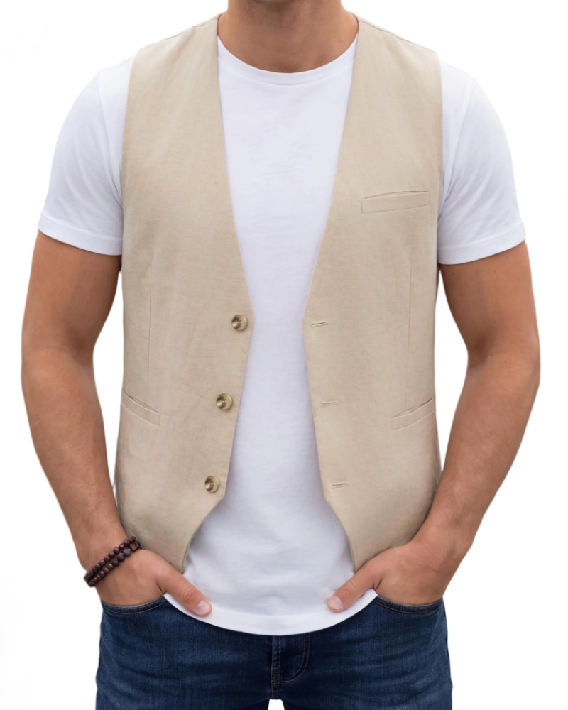 Hugo Men's Cotton Linen Waistcoat – V-Neck Three Button Formal Vest