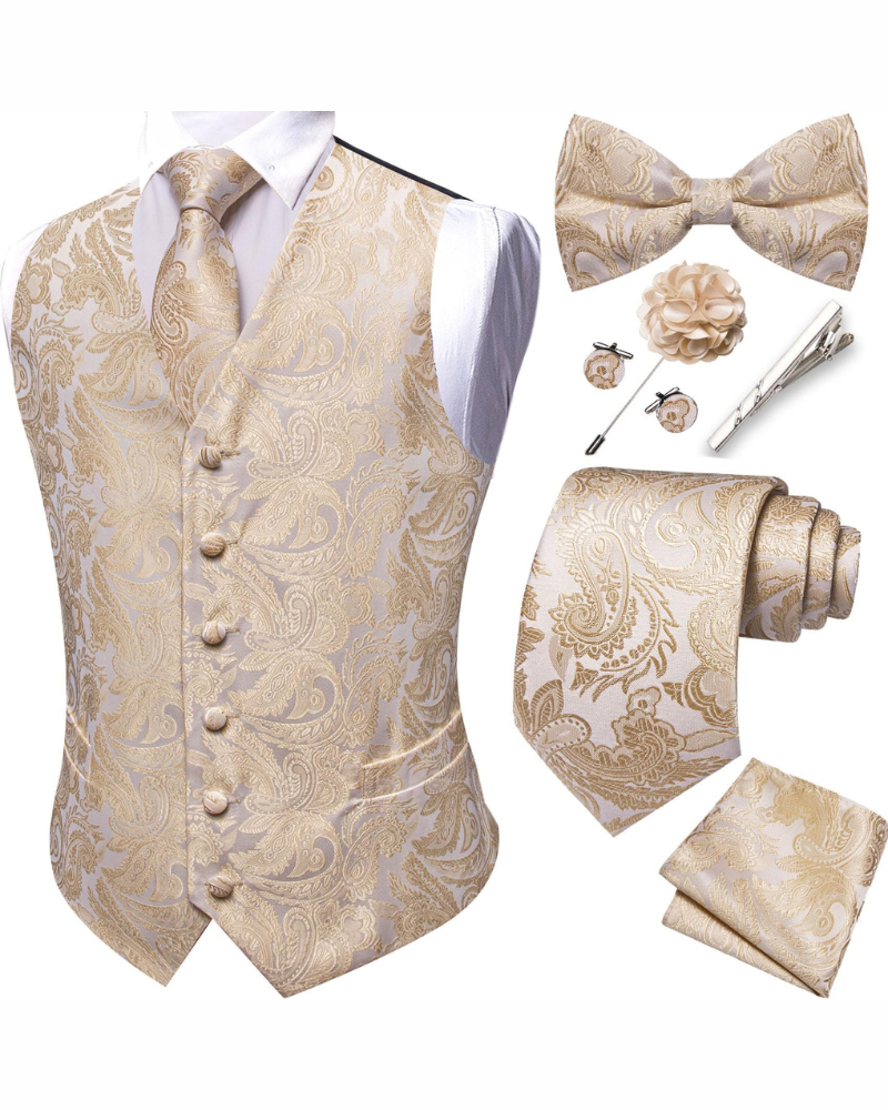 Wesley Men's Paisley Waistcoat Set – 7 Piece Silk Blend Formal Vest Set