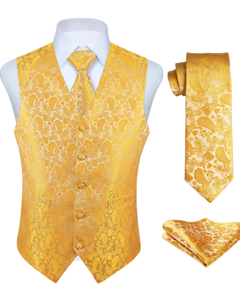 Dominic Men's Paisley Waistcoat Set – 3 Piece V-Neck Formal Vest with Tie & Pocket Square