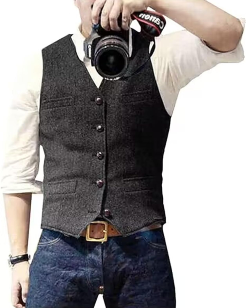 Elliot Men's Herringbone Tweed Waistcoat – Regular Fit V-Neck Formal Vest