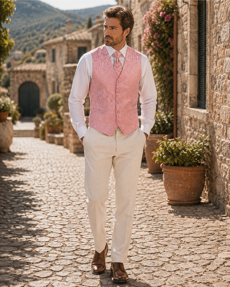 Dominic Men's Paisley Waistcoat Set – 3 Piece V-Neck Formal Vest with Tie & Pocket Square