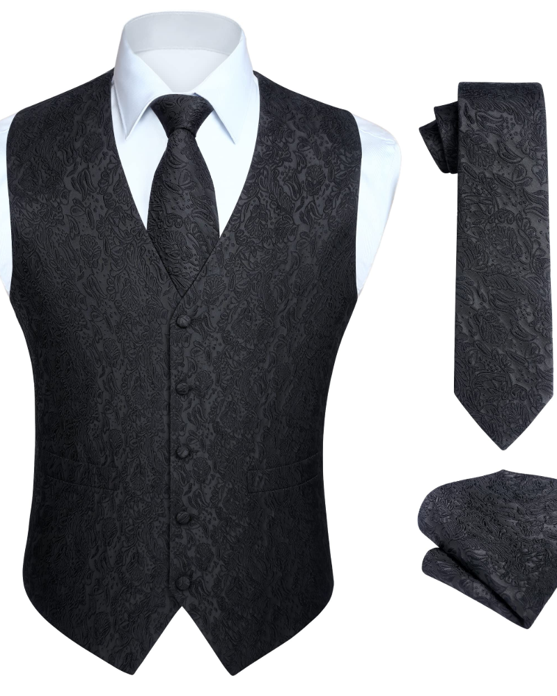 Dominic Men's Paisley Waistcoat Set – 3 Piece V-Neck Formal Vest with Tie & Pocket Square