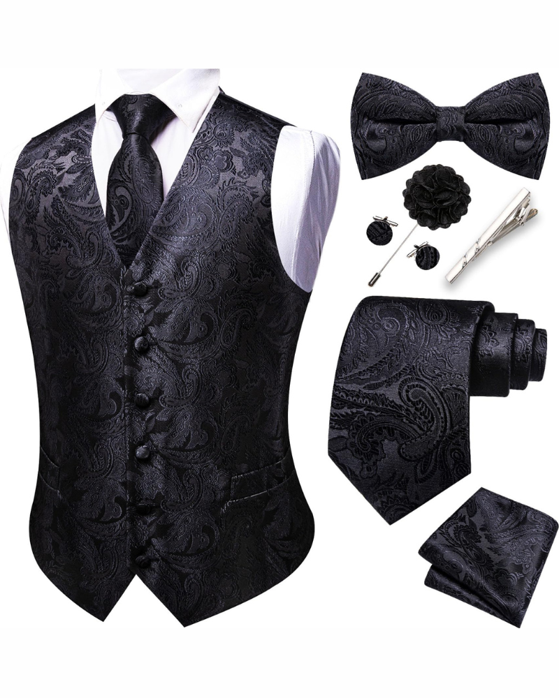 Wesley Men's Paisley Waistcoat Set – 7 Piece Silk Blend Formal Vest Set