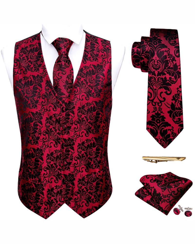 Harrison Men's Paisley Waistcoat Set – 5 Piece Formal Vest with Tie & Pocket Square