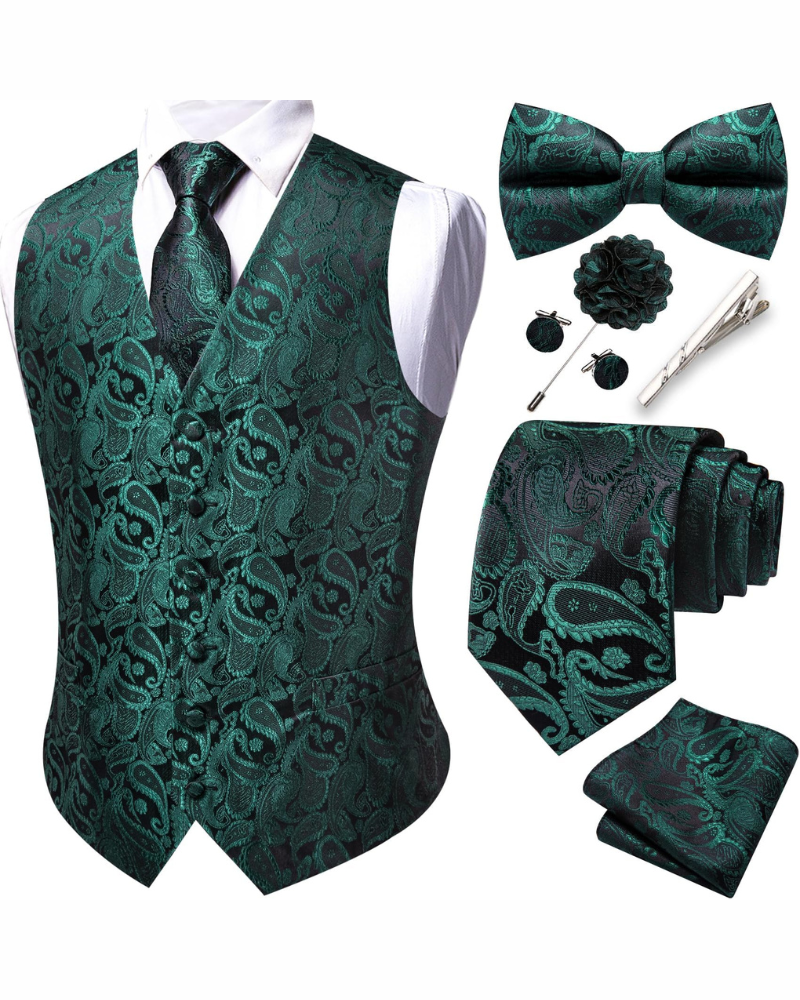 Wesley Men's Paisley Waistcoat Set – 7 Piece Silk Blend Formal Vest Set