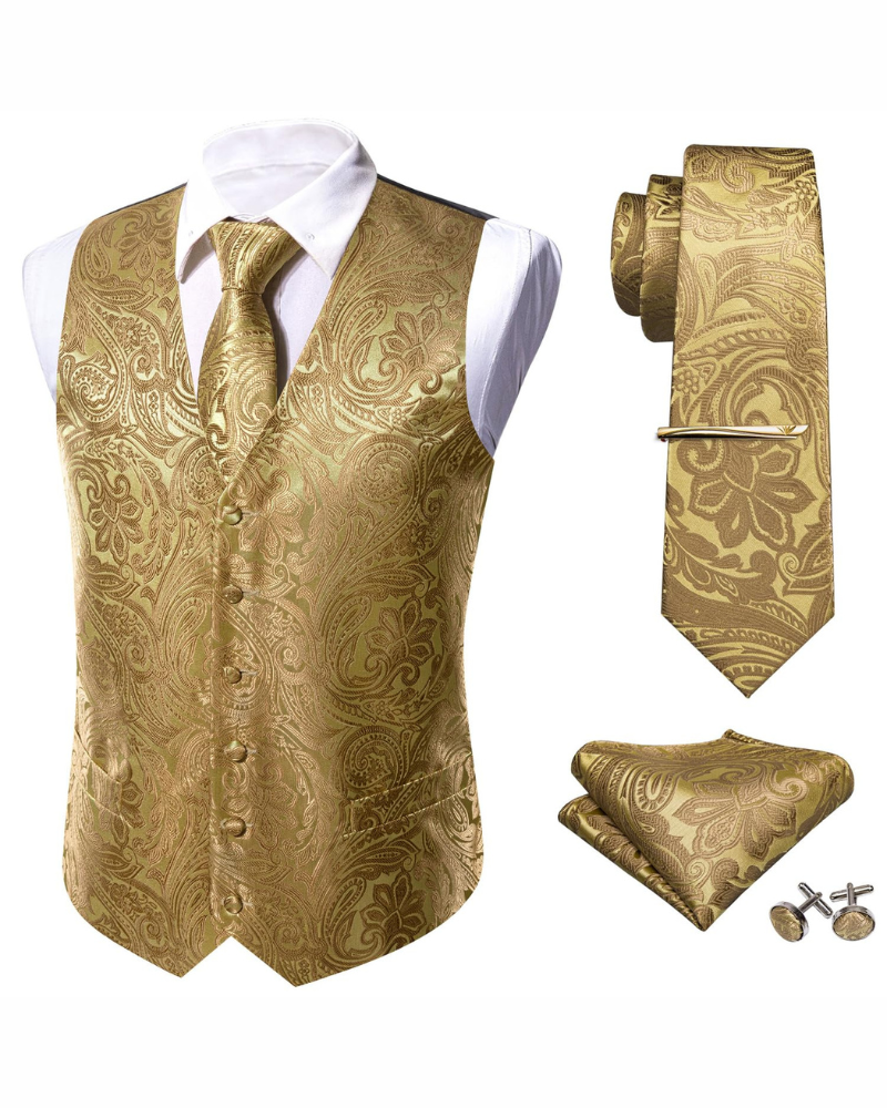 Harrison Men's Paisley Waistcoat Set – 5 Piece Formal Vest with Tie & Pocket Square
