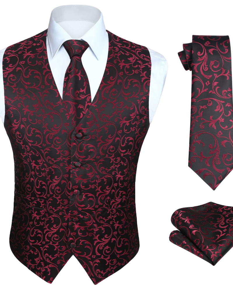 Dominic Men's Paisley Waistcoat Set – 3 Piece V-Neck Formal Vest with Tie & Pocket Square