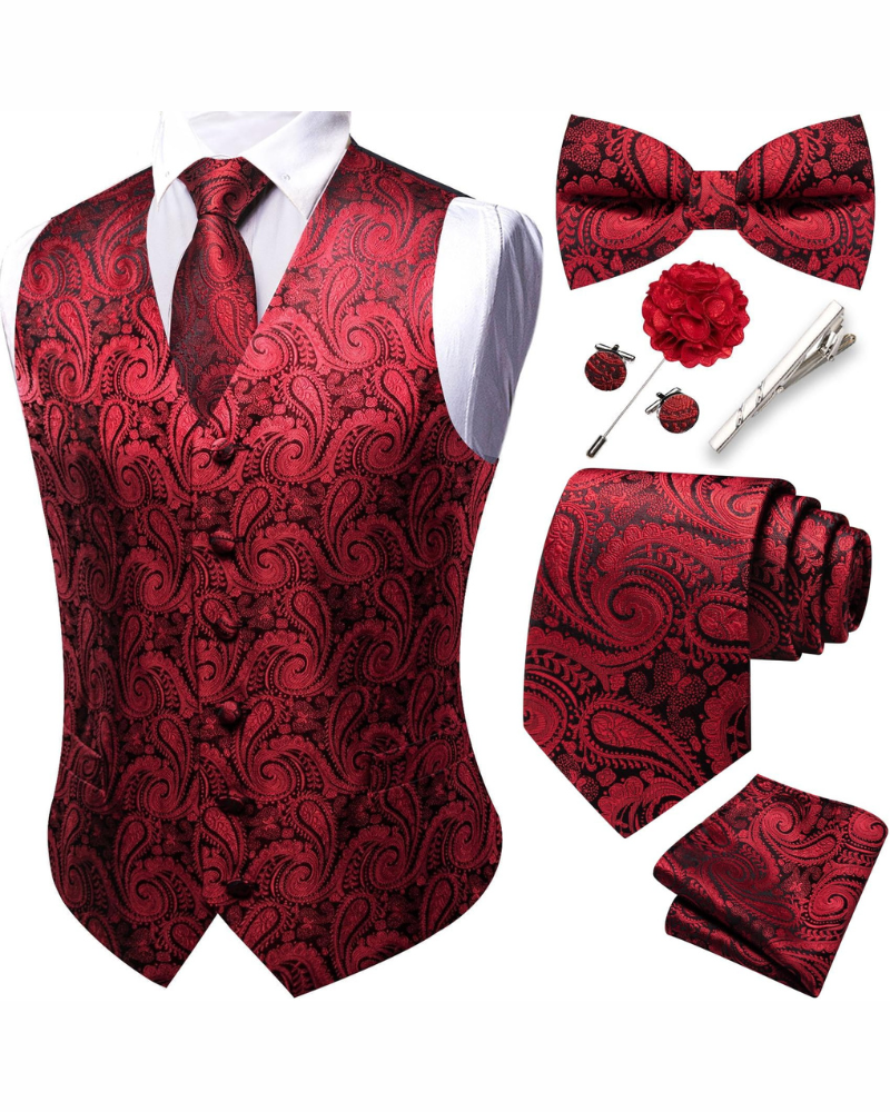 Wesley Men's Paisley Waistcoat Set – 7 Piece Silk Blend Formal Vest Set