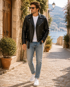 Darius Men's PU Faux Leather Biker Jacket – Zip-Up Moto Jacket with Belt
