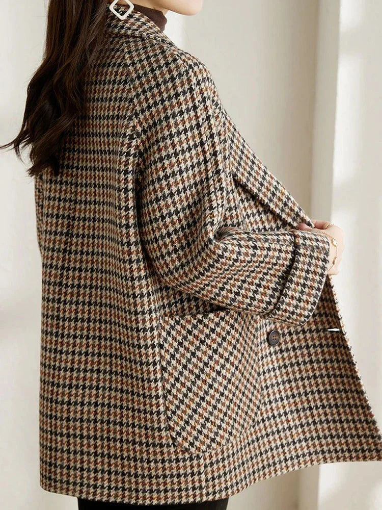 Fiona Women's Checked Jacket – Oversized Double Breasted Smart Casual Blazer Coat