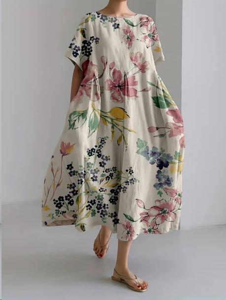 Genevieve Women's Floral Midi Dress – Lightweight Round Neck Summer Dress