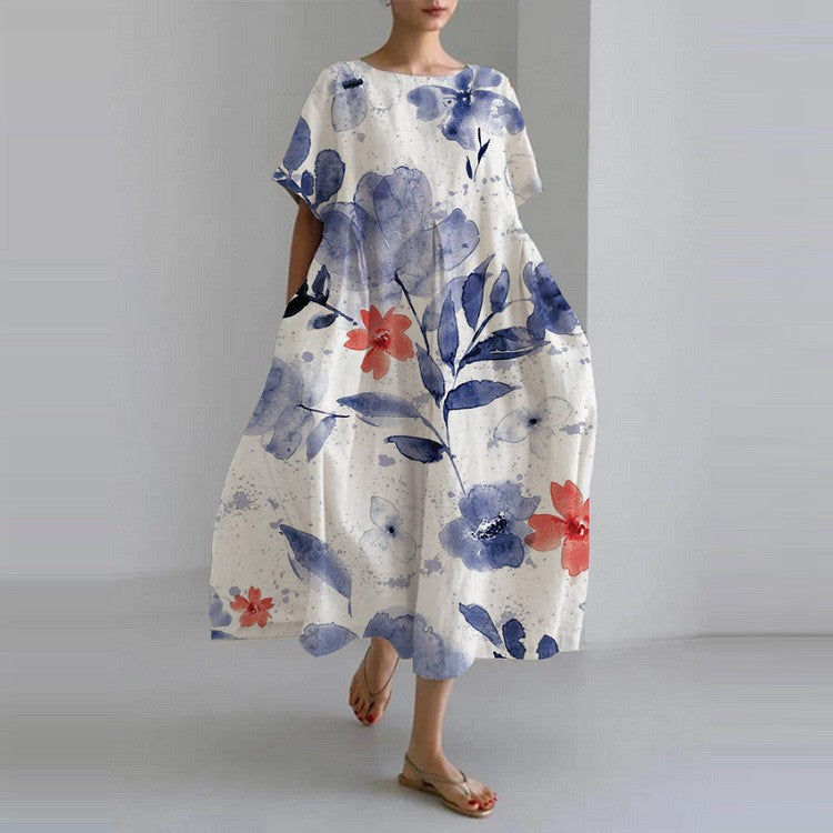 Genevieve Women's Floral Midi Dress – Lightweight Round Neck Summer Dress