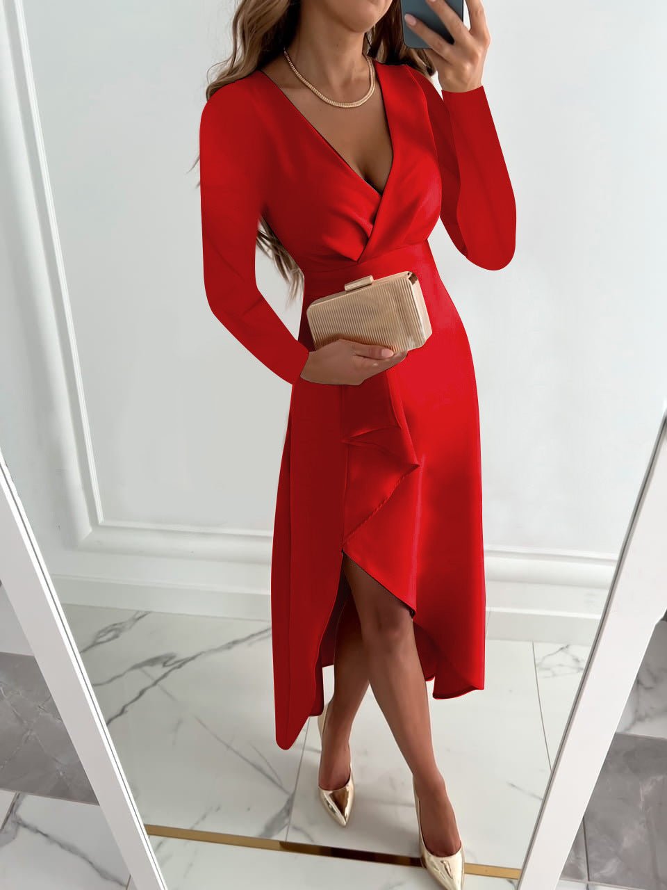 Camille Women's V-Neck Midi Dress – Long Sleeves, Slim Fit & Elegant Style