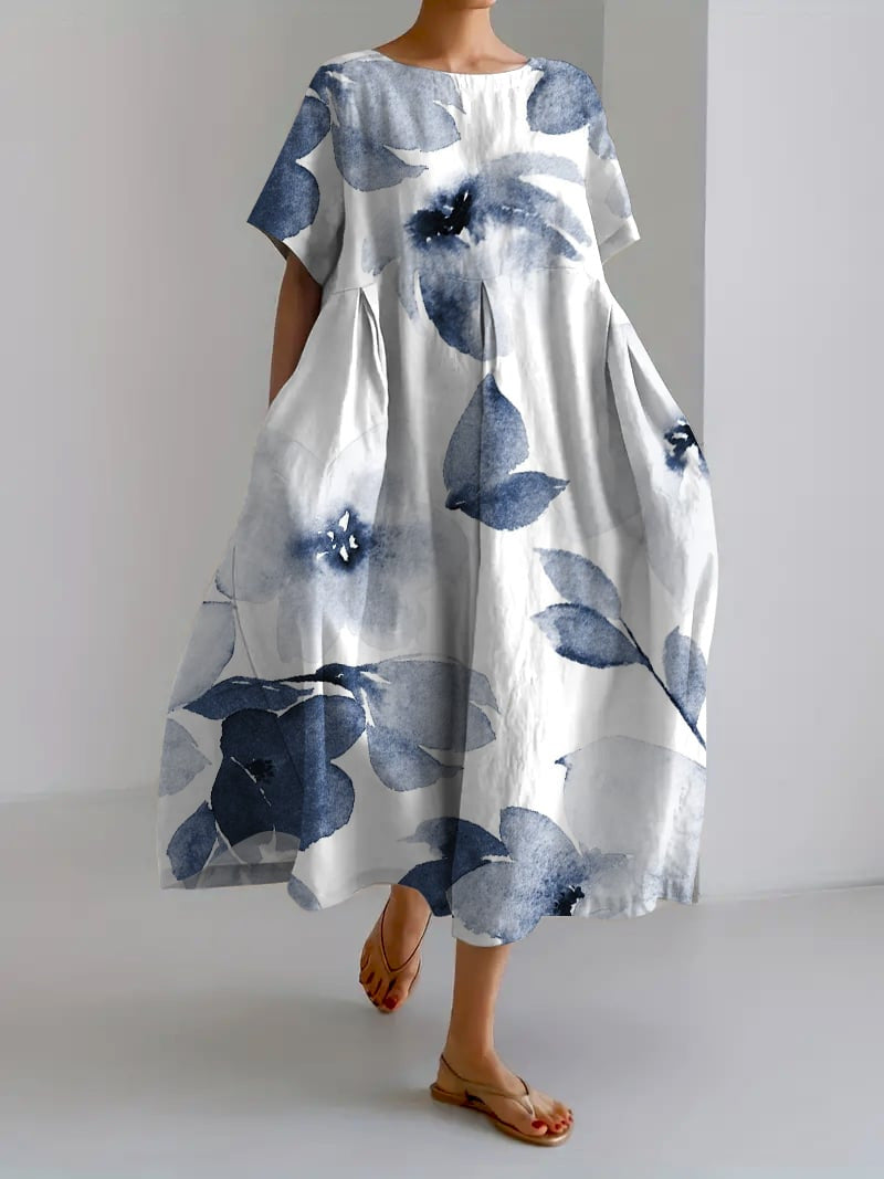Genevieve Women's Floral Midi Dress – Lightweight Round Neck Summer Dress