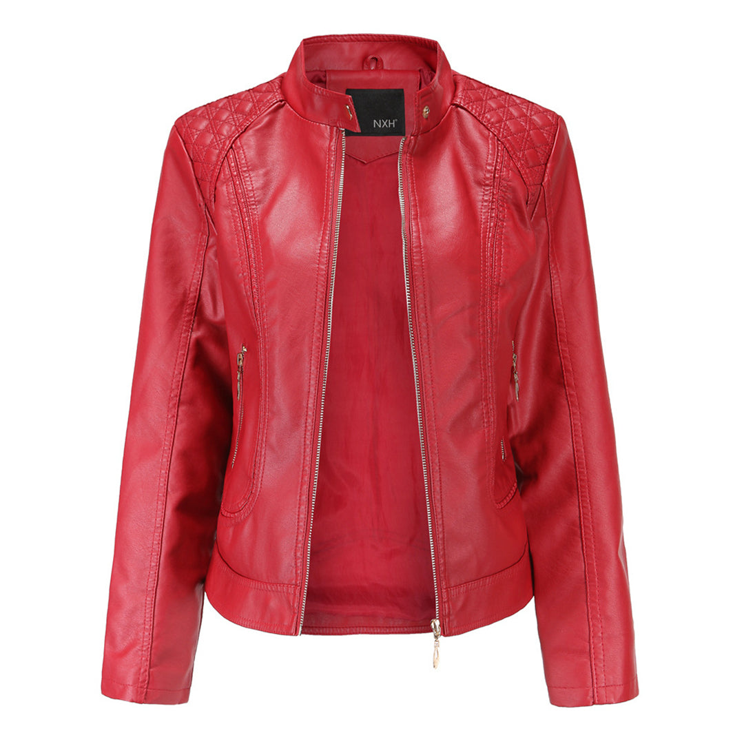 Valerie Women's Leather Jacket – Genuine Leather Zip Up Stand Collar Biker Jacket