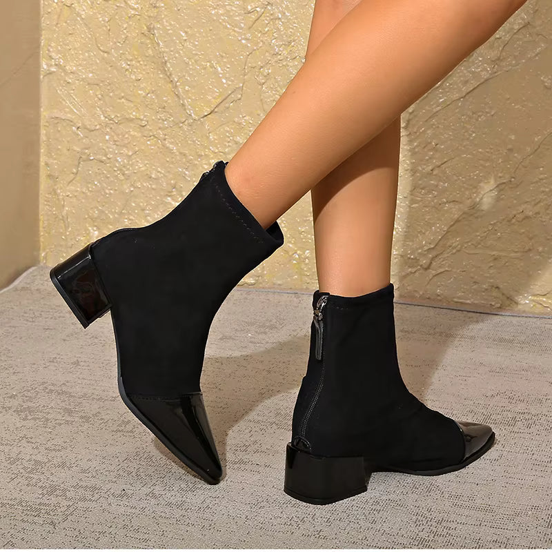 Penelope Women's Suede Ankle Boots – Patent Toe Block Heel Smart Casual Boots