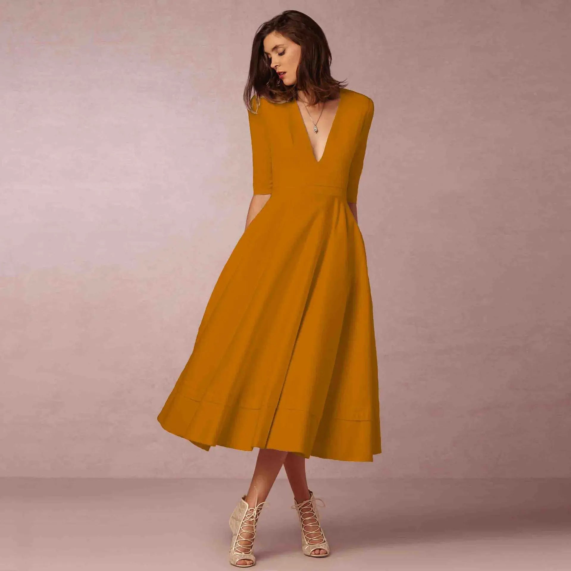 Rosalind Women's Cotton Midi Dress – Fitted Round Neck Elegant Summer Dress