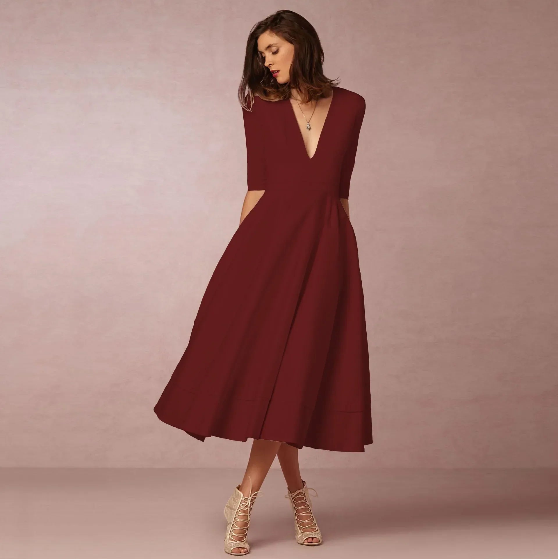 Rosalind Women's Cotton Midi Dress – Fitted Round Neck Elegant Summer Dress