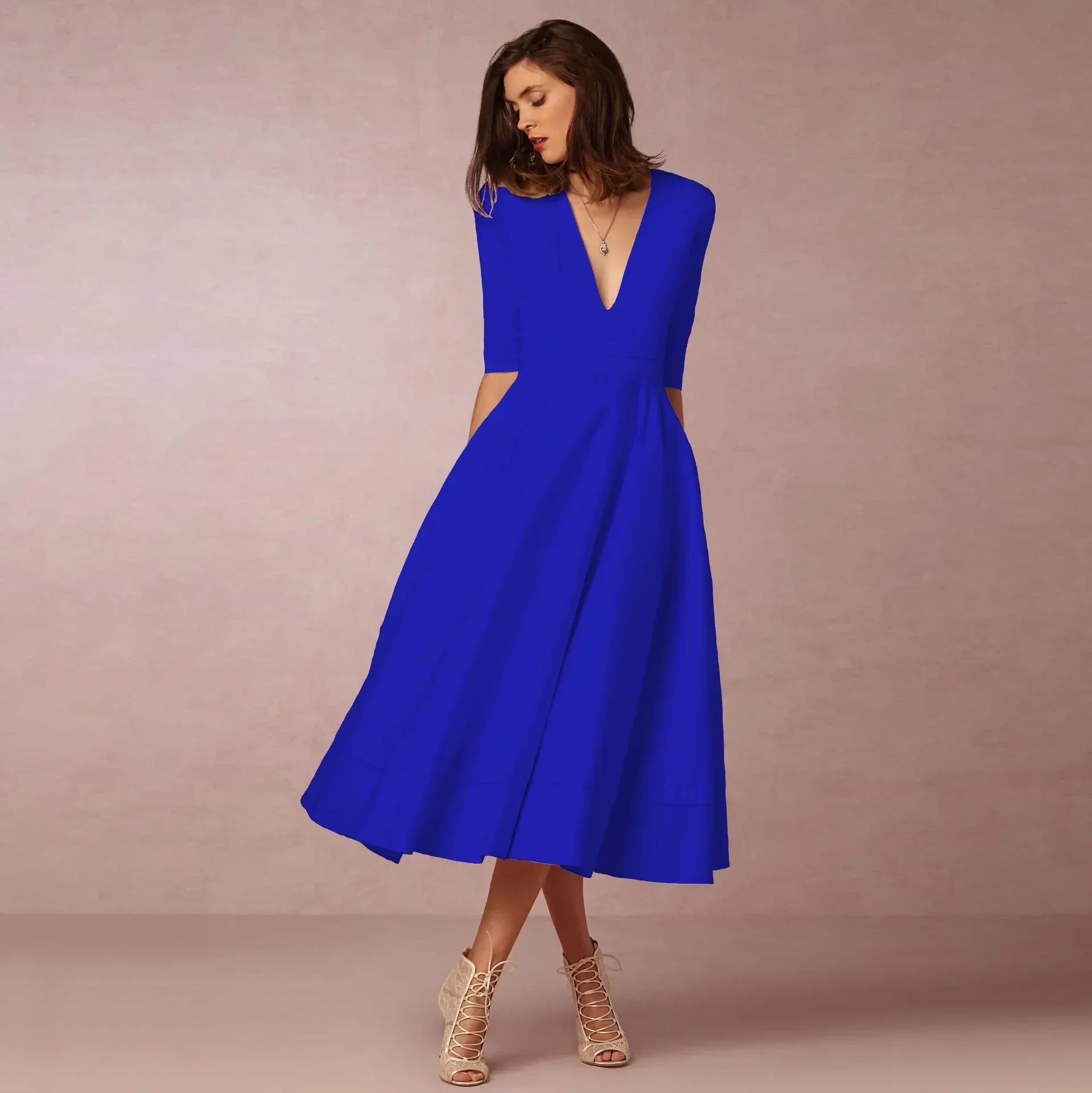 Rosalind Women's Cotton Midi Dress – Fitted Round Neck Elegant Summer Dress