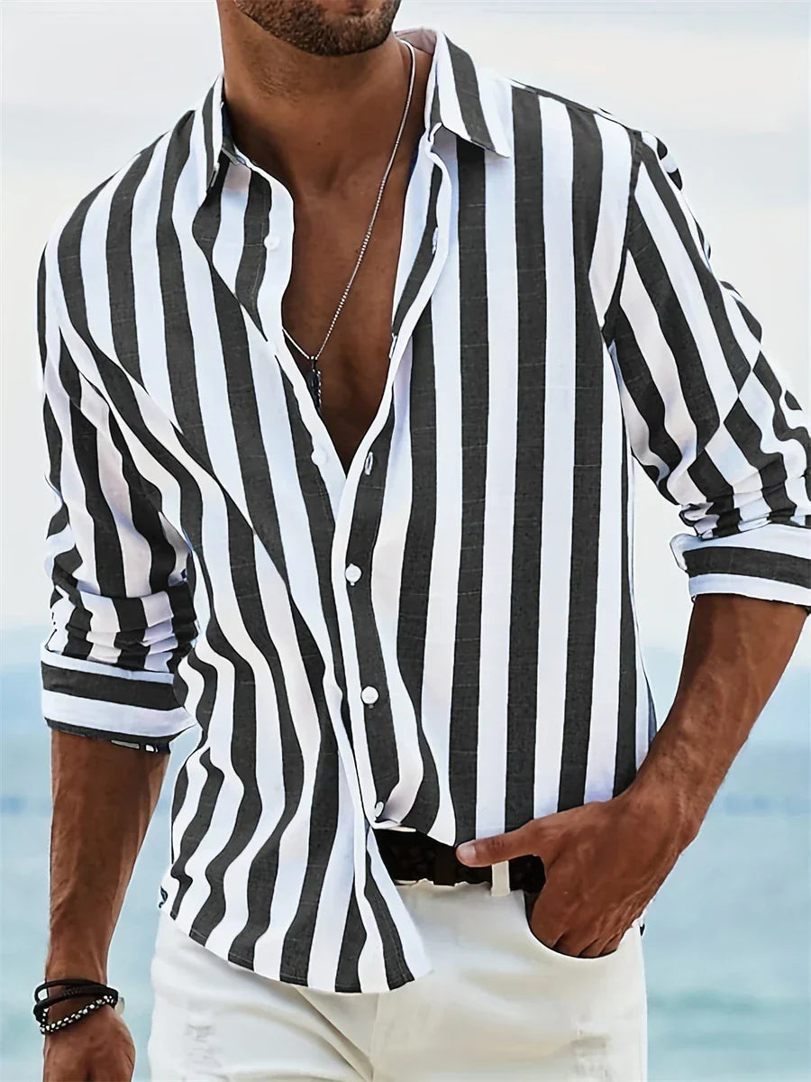Oliver Men's Cotton Linen Shirt – Blue & White Striped Long Sleeve Summer Shirt